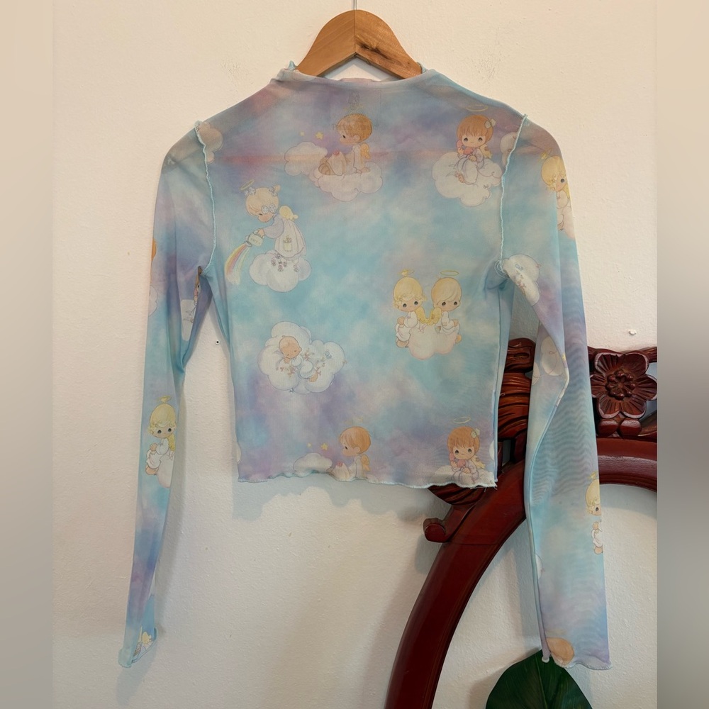 Forever 21 Pastel Blue Precious Moments Angel Print Cropped Sheer Long Sleeve